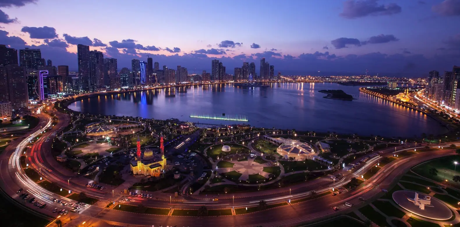 Night aerial view of Khalid Lagoon Sharjah